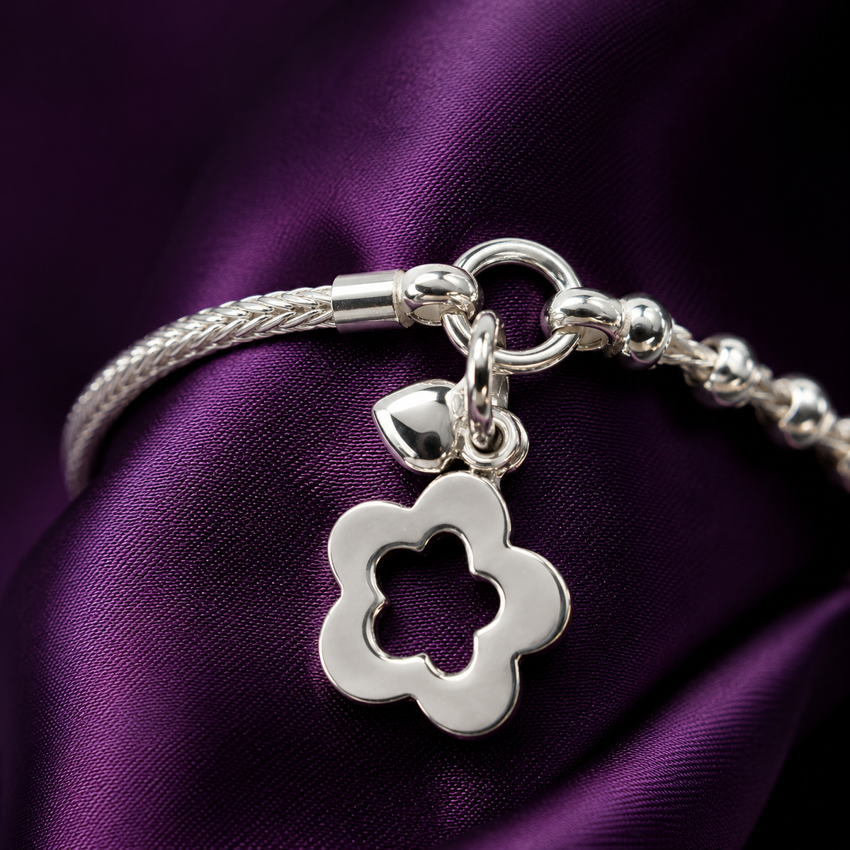 Pulsera Flor Cadena Cascabel con Cadena Espiga Plata 950