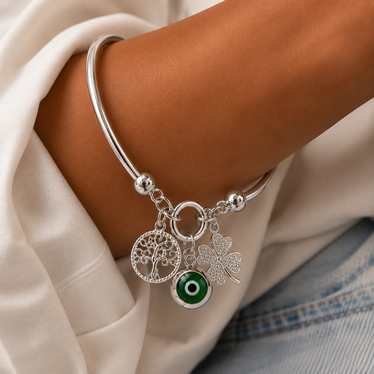 Pulsera Ojo Turco,Arbol de la vida y Trébol de Plata 950